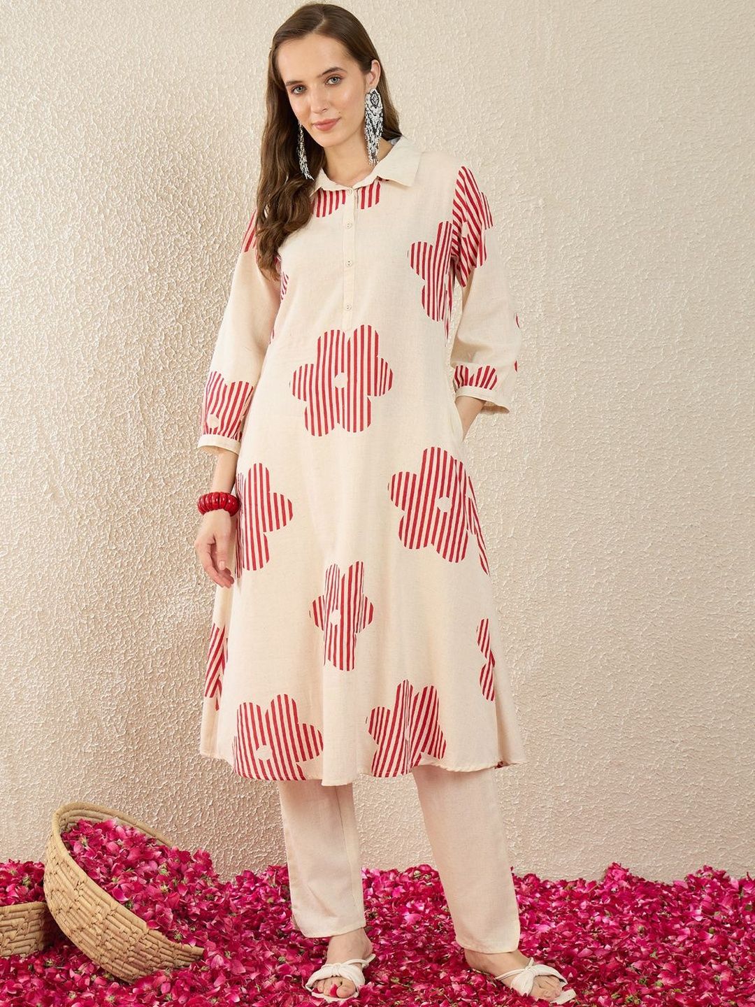 Dhiyona IE Printed Shirt Collar Pure Cotton Top & Trouser