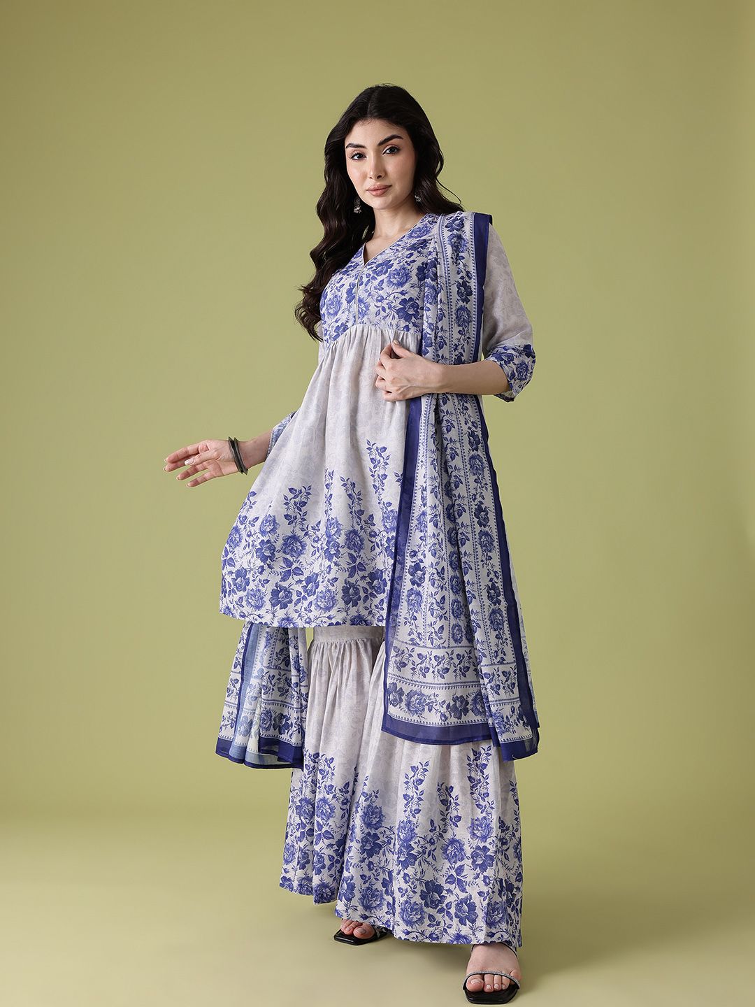 Dhiyona AN Women Floral Printed Pleated A-Line Kurta with Sharara & Dupatta