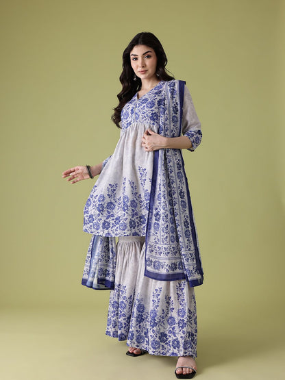 Dhiyona AN Women Floral Printed Pleated A-Line Kurta with Sharara & Dupatta