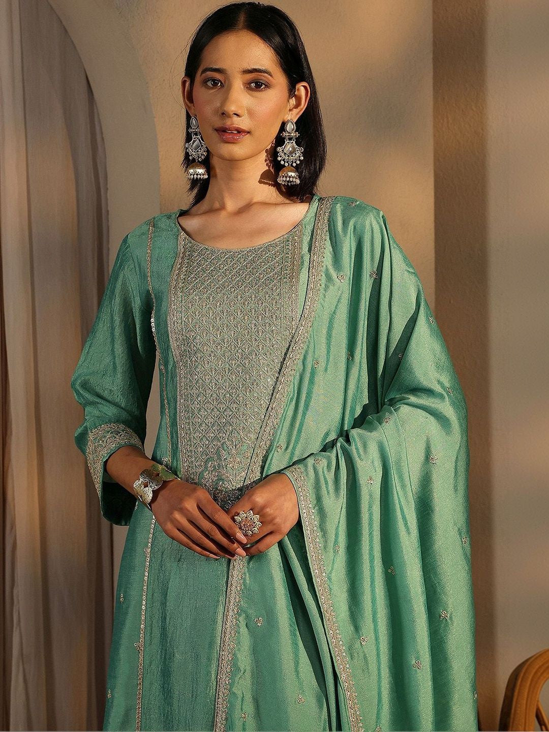 Women Ethnic Motifs Embroidered Panelled Kurta with Trousers & With Dupatta