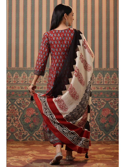 Dhiyona RR Women's Maroon Ethnic Motifs Printed Aari Work Pure Cotton Kurta with Trousers & With Dupatta