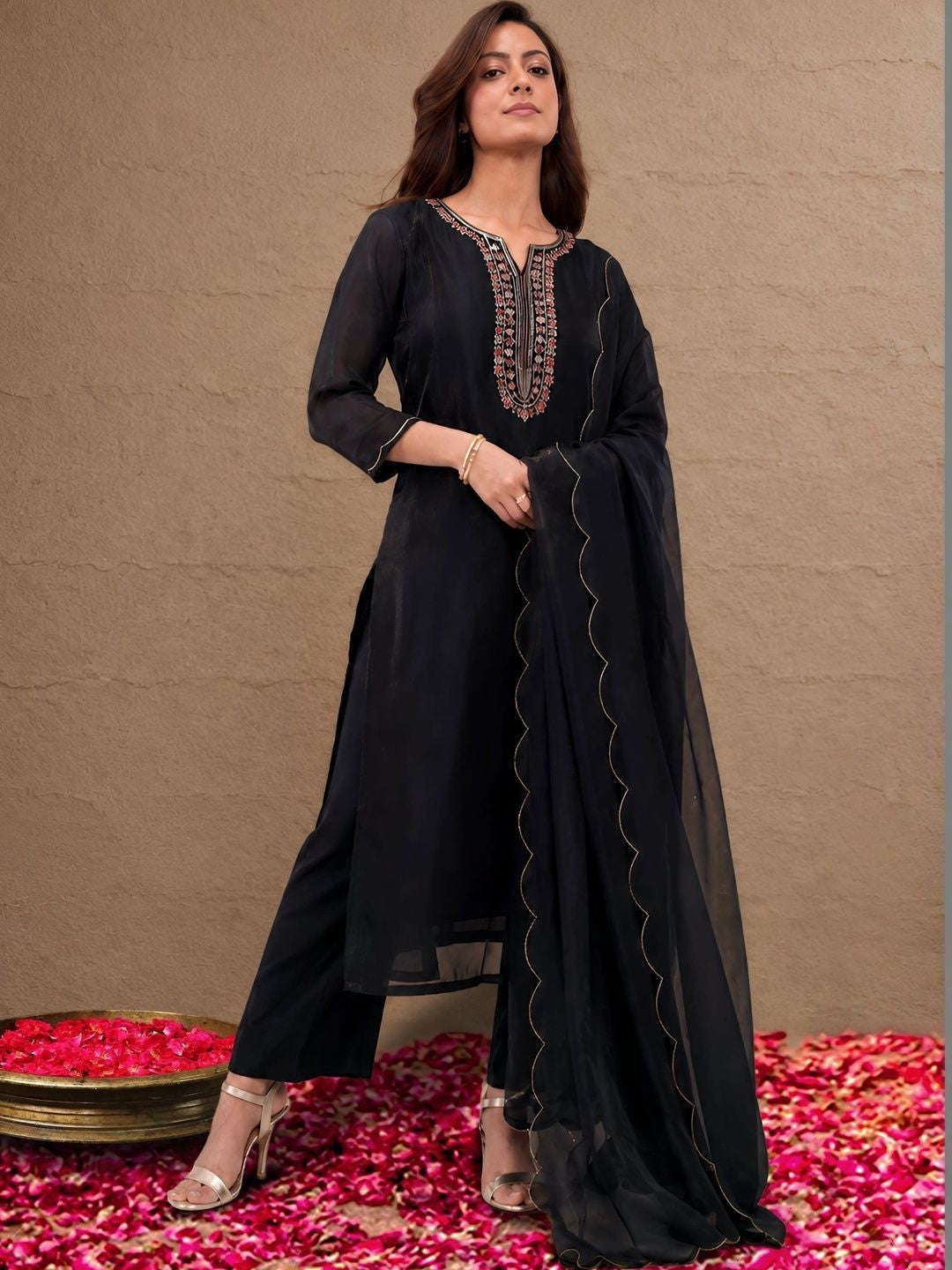 Libas Black Floral Yoke Design Tissue Straight Suit Set