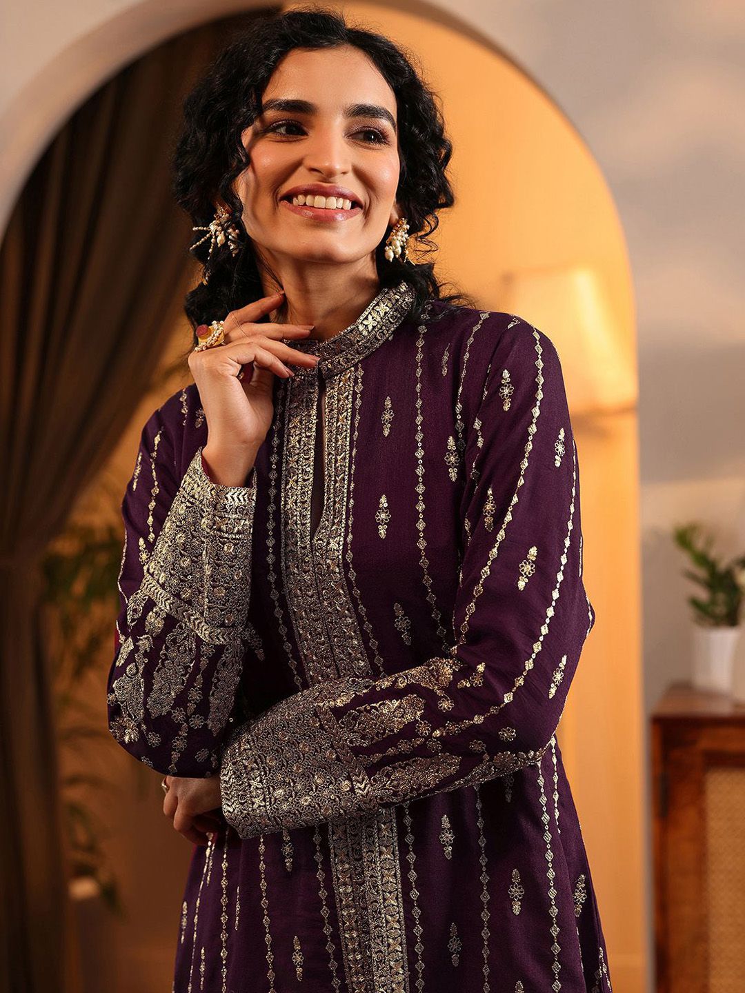 Dhiyona LL Women Ethnic Motifs Embroidered Zari Regular Kurta with Palazzos & With Dupatta