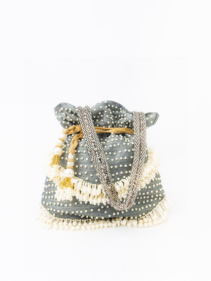 Dhiyona NR Grey & White Embroidered Potli Clutch