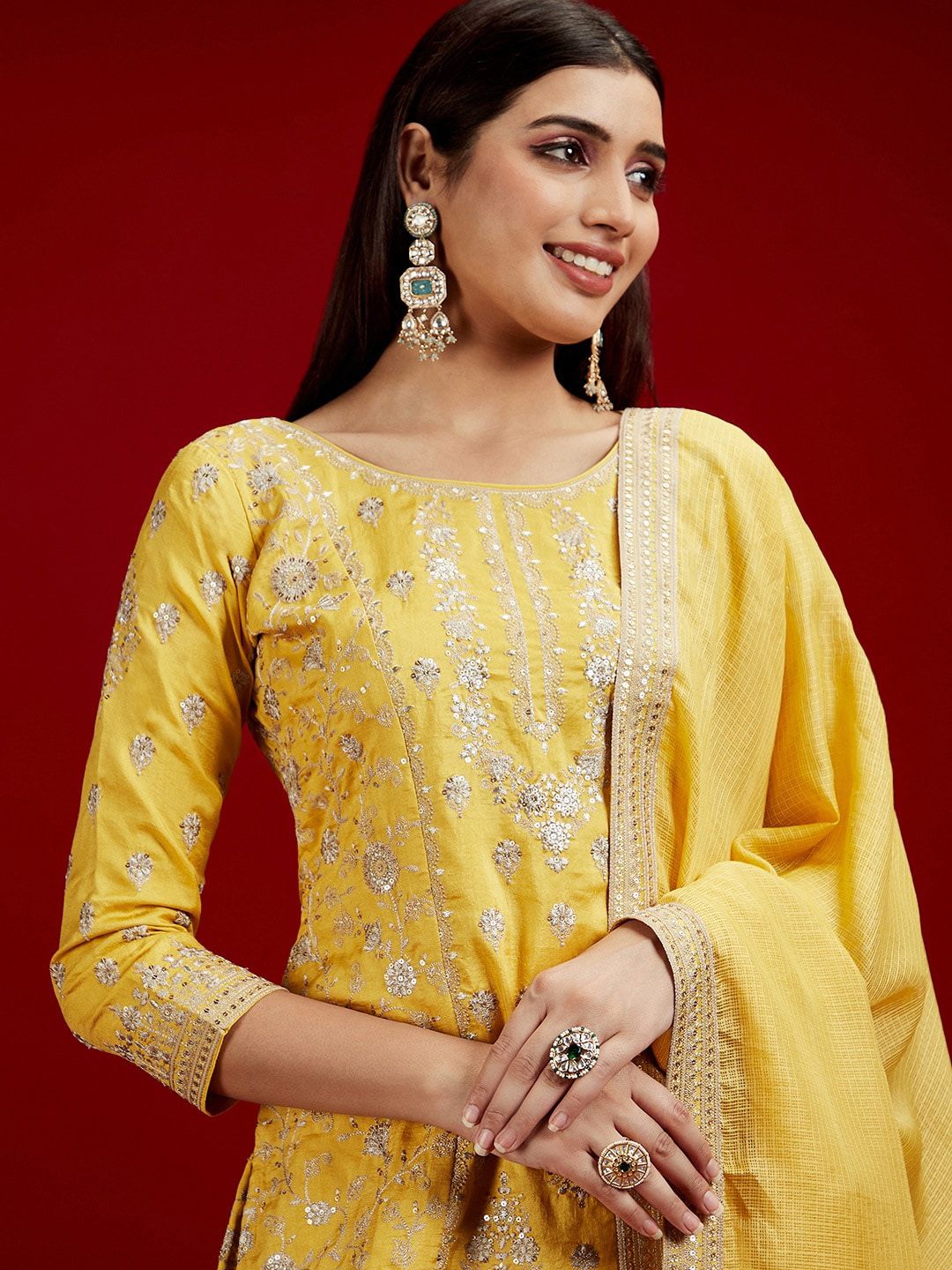Dhiyona LL Floral Embroidered Sequinned Pure Silk Kurti with Palazzos & With Dupatta