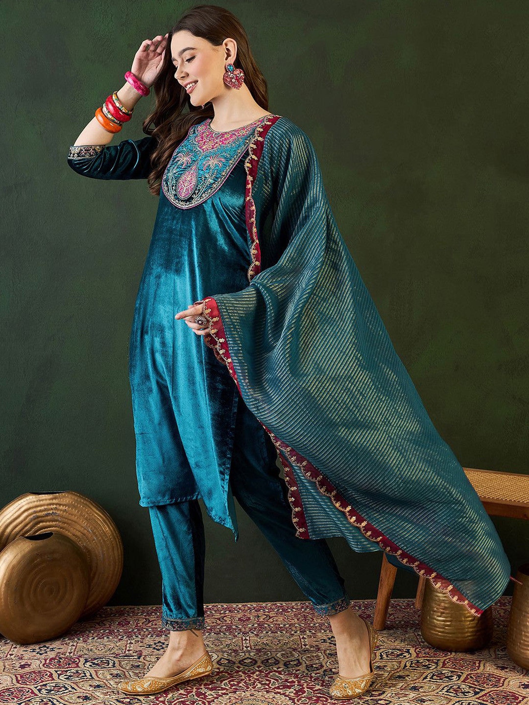 Embroidered Straight Kurta & Trousers With Dupatta