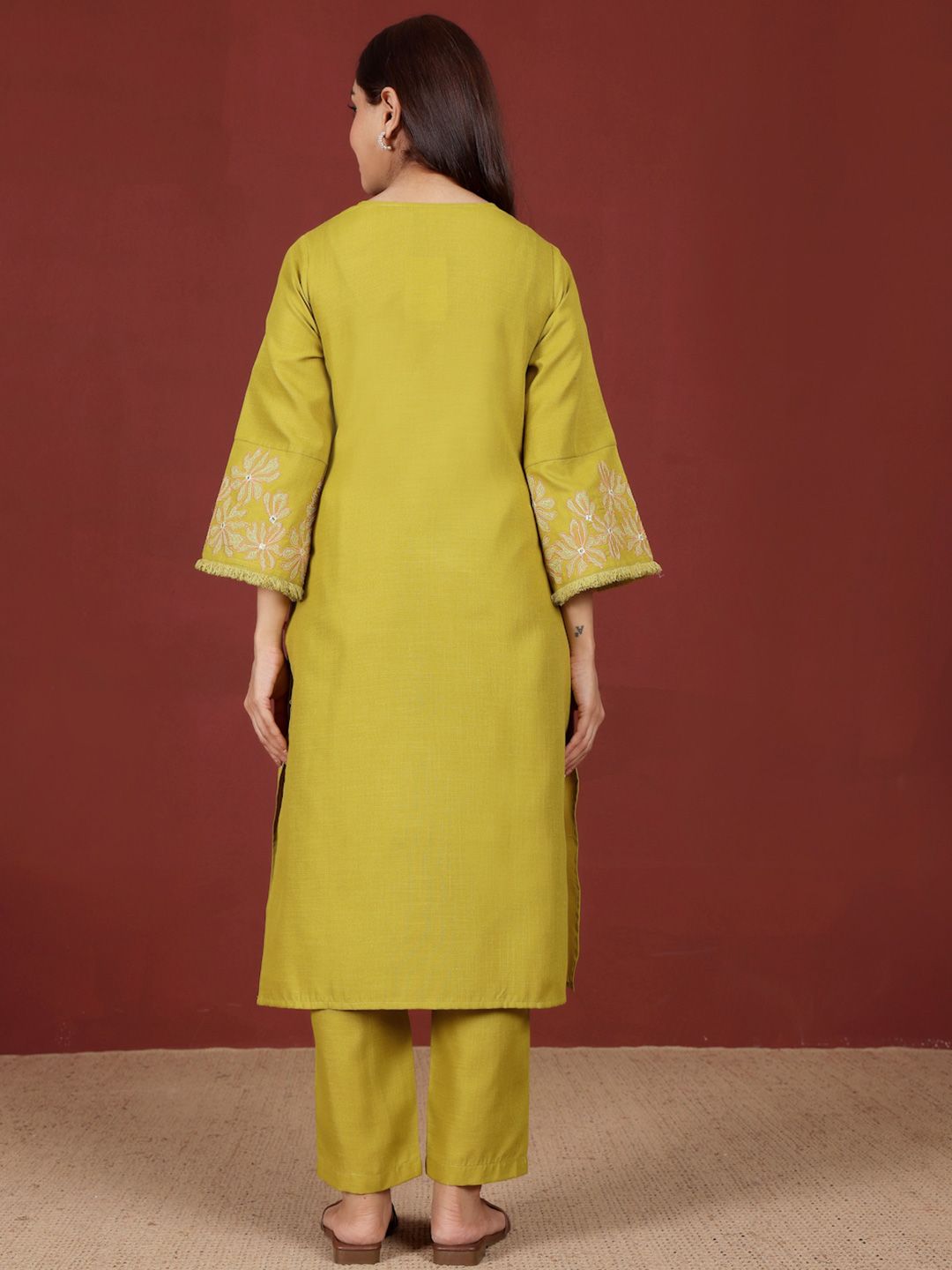Lime Green Floral Embroidered V-Neck Thread Work Straight Kurta With Trousers