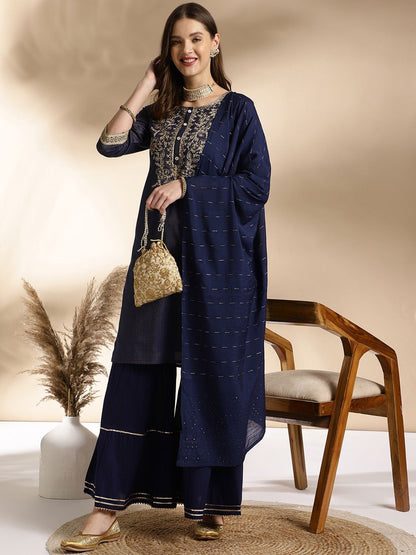 Dhiyona AN Ethnic Motifs Embroidered Round Neck Straight Kurta with Sharara & Dupatta