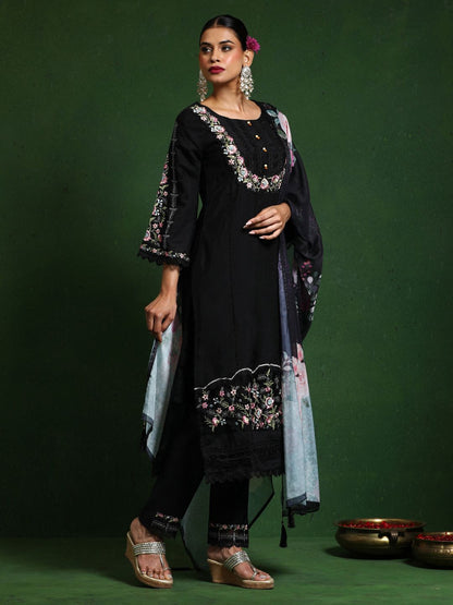 Black Women Floral Embroidered Regular Thread Work Pure Cotton Kurta with Trousers & With Dupatta