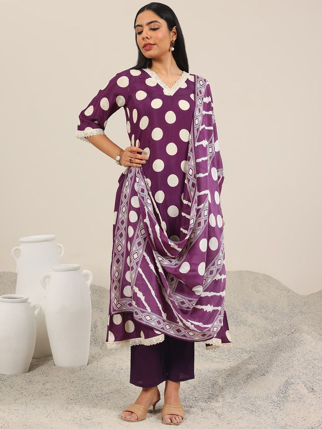 Polka Dot Printed V-Neck Straight Kurta With Trouser & Dupatta