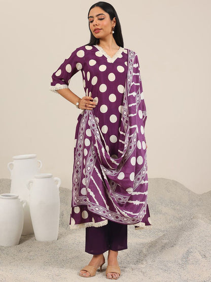 Polka Dot Printed V-Neck Straight Kurta With Trouser & Dupatta