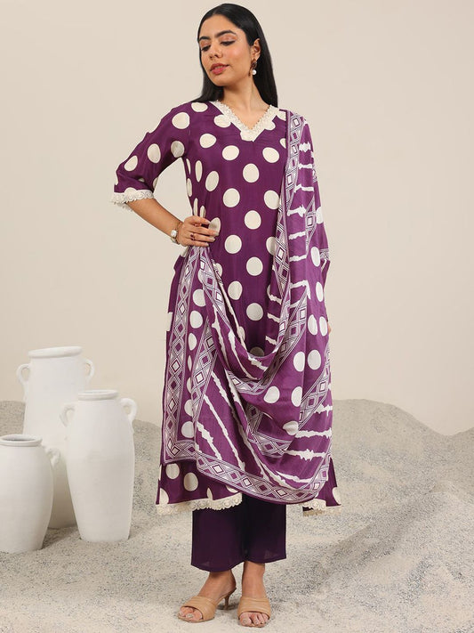 Polka Dot Printed V-Neck Straight Kurta With Trouser & Dupatta