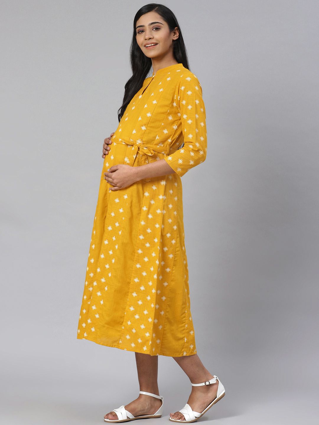 Dhiyona AY Women's Mustard Yellow & Off-White Printed Pure Cotton Maternity A-Line Dress