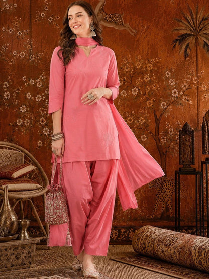 Women Ethnic Motifs Embroidered Regular Thread Work Pure Cotton Farshi Salwar Suit Set