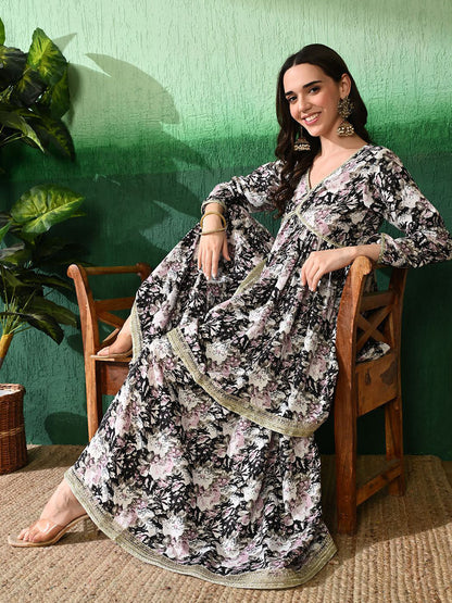 Floral Printed Empire V-Neck A-Line Kurta With Sharara