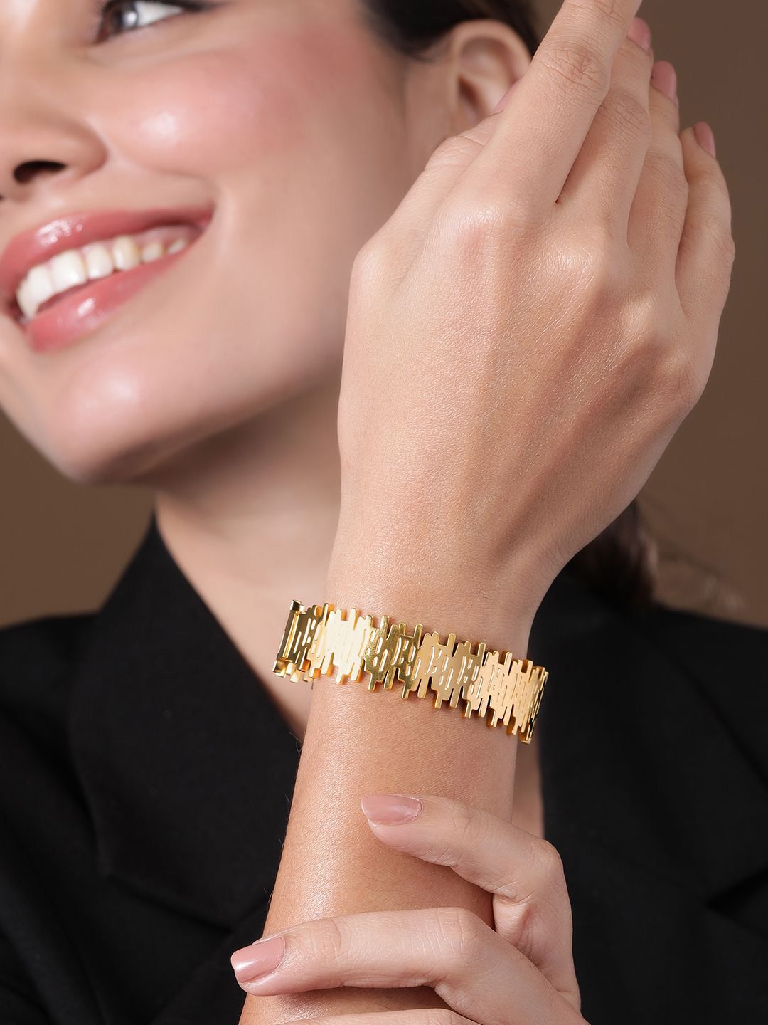 Dhiyona RJ Women's 22K Gold Plated Stainless Steel Tarnish-Free Waterproof Demi-Fine Textured Bracelet