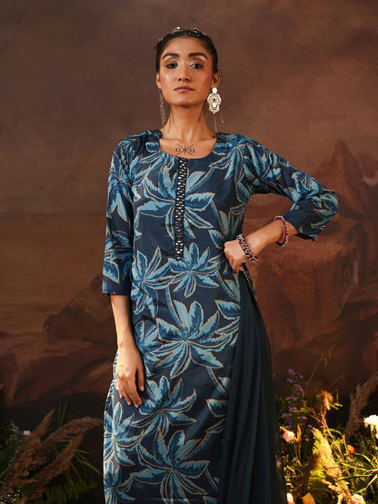 Dhiyona IS Women's Navy Blue Floral Printed Beads And Stones Straight Kurta With Trousers & Dupatta