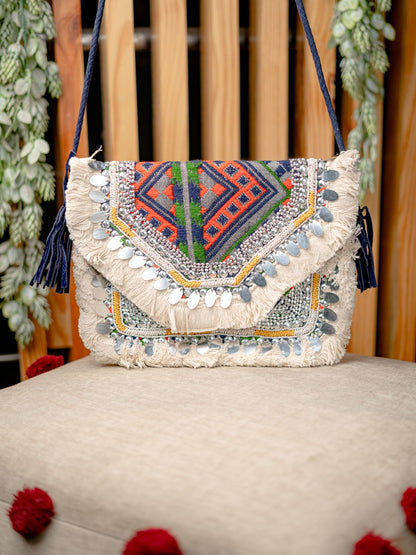 Dhiyona NR Navy Blue & Red Embroidered Foldover Clutch