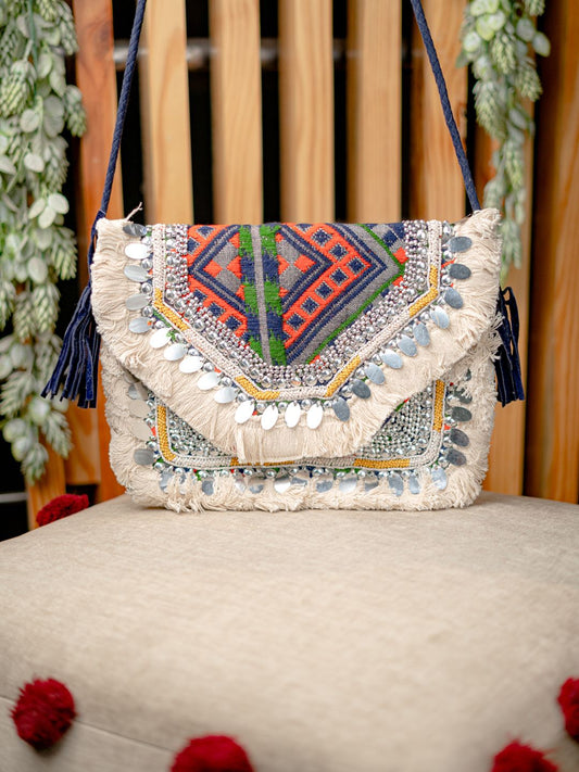 Dhiyona NR Navy Blue & Red Embroidered Foldover Clutch