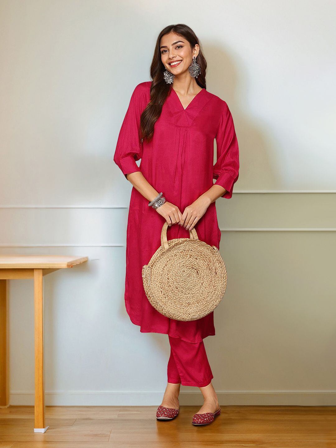 Dhiyona IS Women's Women Regular Puffed Sleeves Style Kurta with Trousers