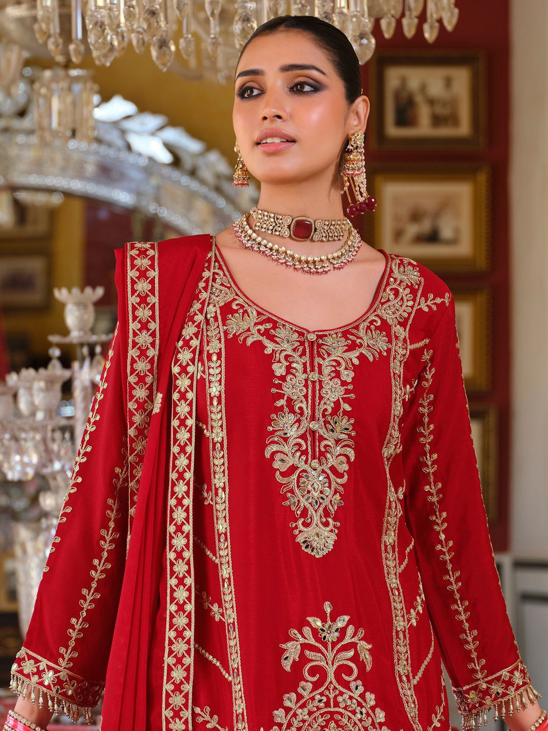 Adults-Women Woven Design Embroidered Kurta with Palazzos & Dupatta