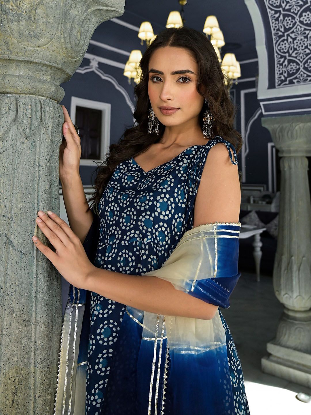 Dhiyona KL Ethnic Motifs Printed Shoulder Straps Anarkali Kurta & Trousers With Dupatta