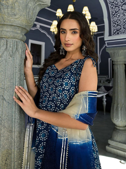 Dhiyona KL Ethnic Motifs Printed Shoulder Straps Anarkali Kurta & Trousers With Dupatta