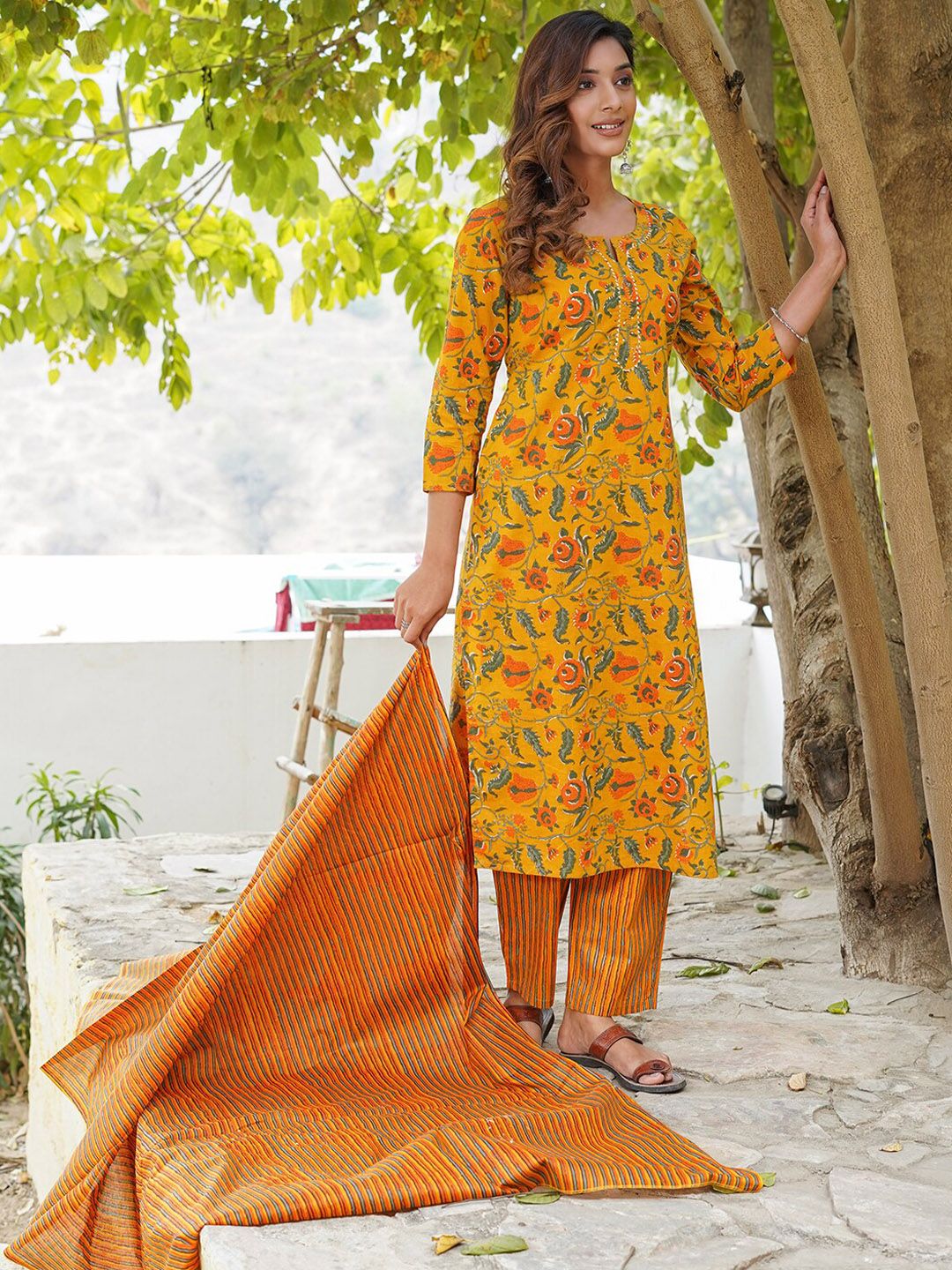 Dhiyona KL Floral Printed Gotta Patti Pure Cotton Kurta with Trousers & Dupatta
