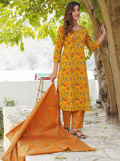 Dhiyona KL Floral Printed Gotta Patti Pure Cotton Kurta with Trousers & Dupatta