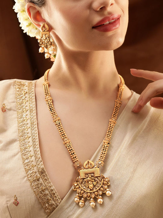 Dhiyona RJ Women's 22K Gold-Plated Kundan Studded Divine Krishna Motif Jewellery Set with Pearl Drops