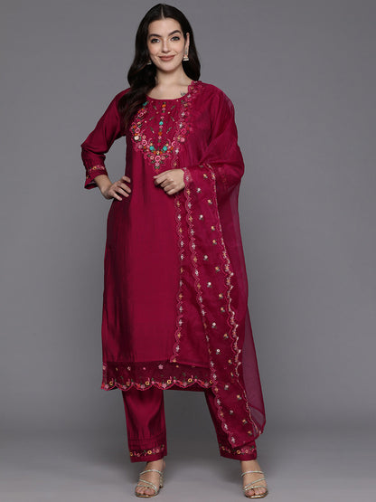 Floral Embroidered Regular Thread Work Kurta with Trousers & Dupatta