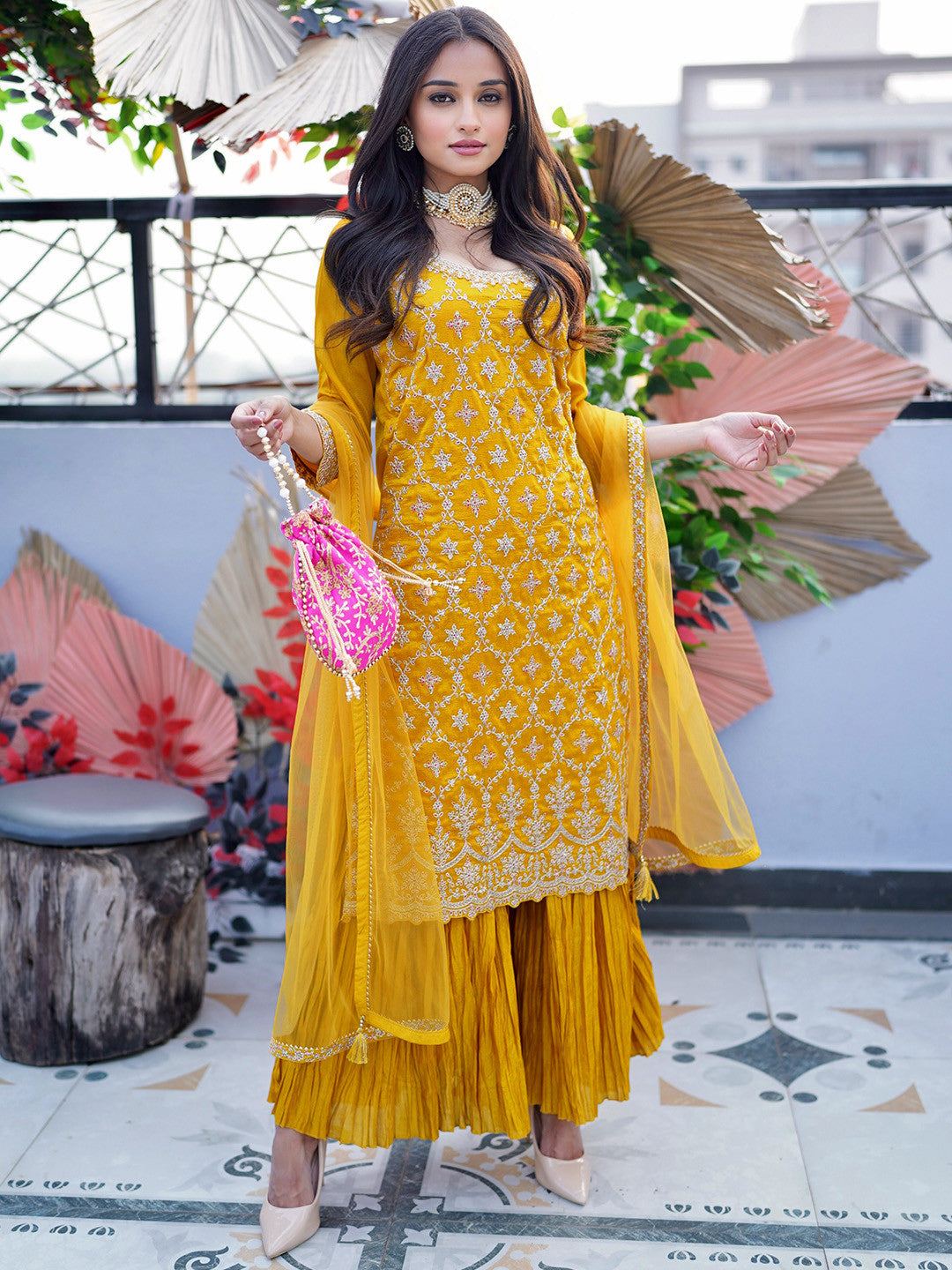 Floral Embroidered Sequinned Zari Kurta with Sharara & Dupatta