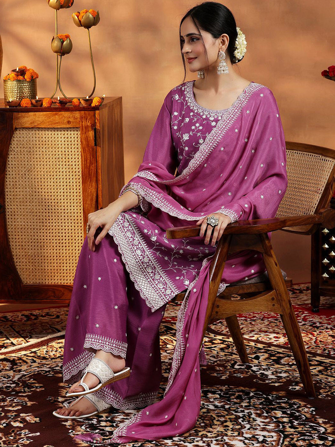 Women Solid Embroidered Regular Thread Work Kurta with Palazzos & With Dupatta