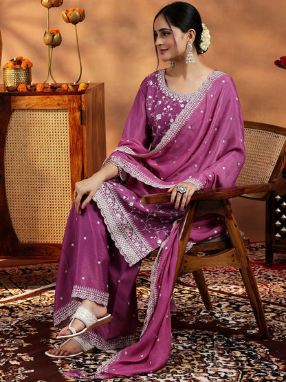 Women Solid Embroidered Regular Thread Work Kurta with Palazzos & With Dupatta