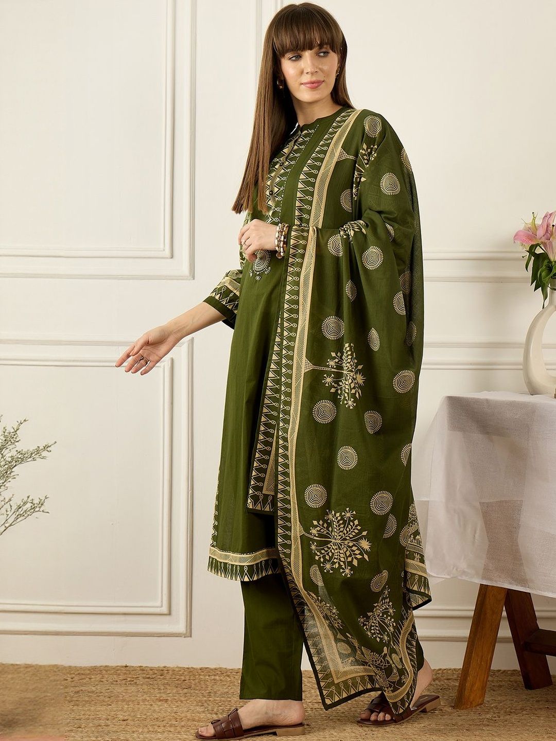 Women Ethnic Motifs Printed Regular Pure Cotton Kurta with Trousers & With Dupatta