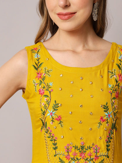 Dhiyona KL Floral Embroidered Mirror Work Straight Kurta with Trousers & Dupatta