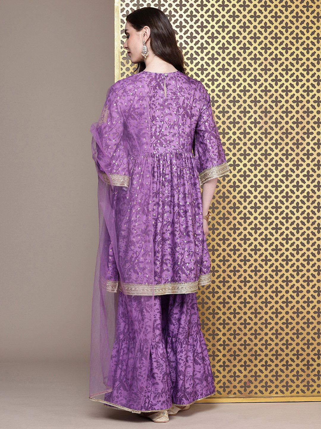 Dhiyona HOP Floral Printed Regular Sequinned Jashn Kurta with Sharara & Dupatta