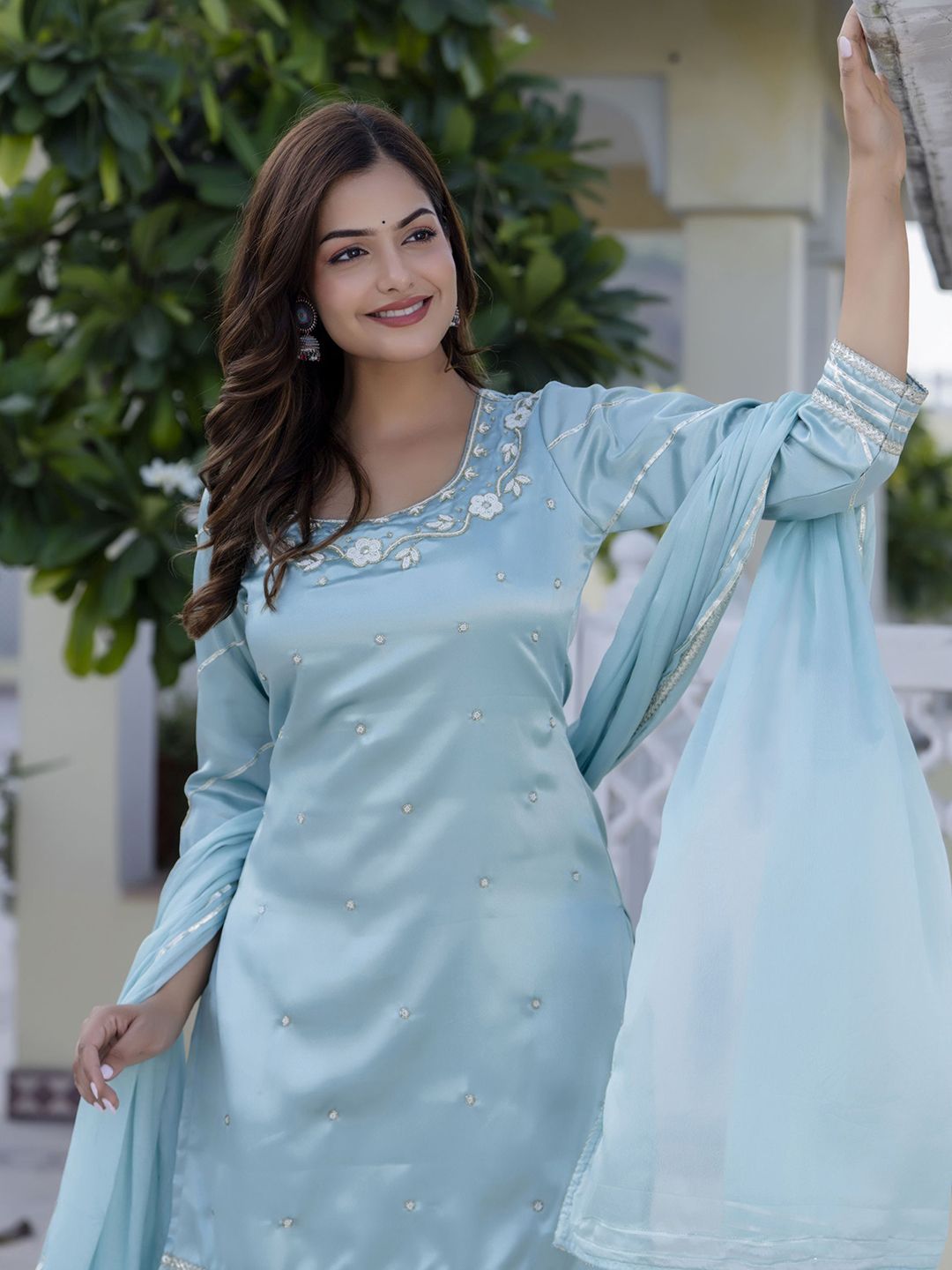 Dhiyona AN Blue Floral Embroidered Round Neck Straight Kurti With Sharara And Dupatta