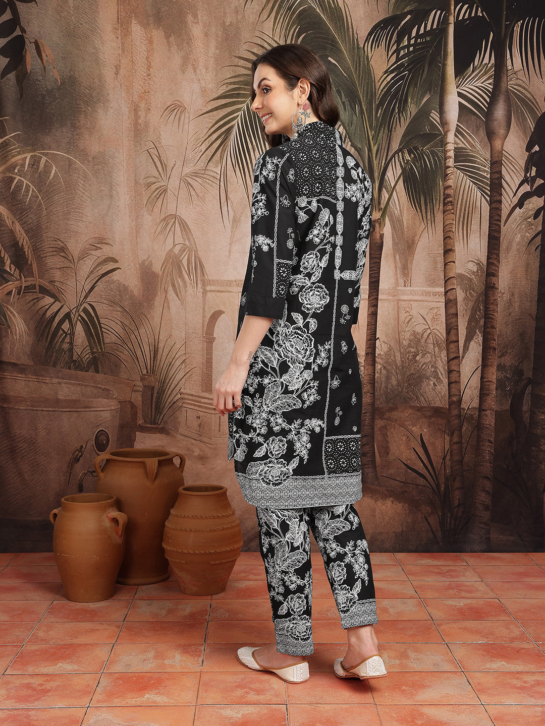 Floral Printed Monochrome Pure Cotton Kurta with Trousers