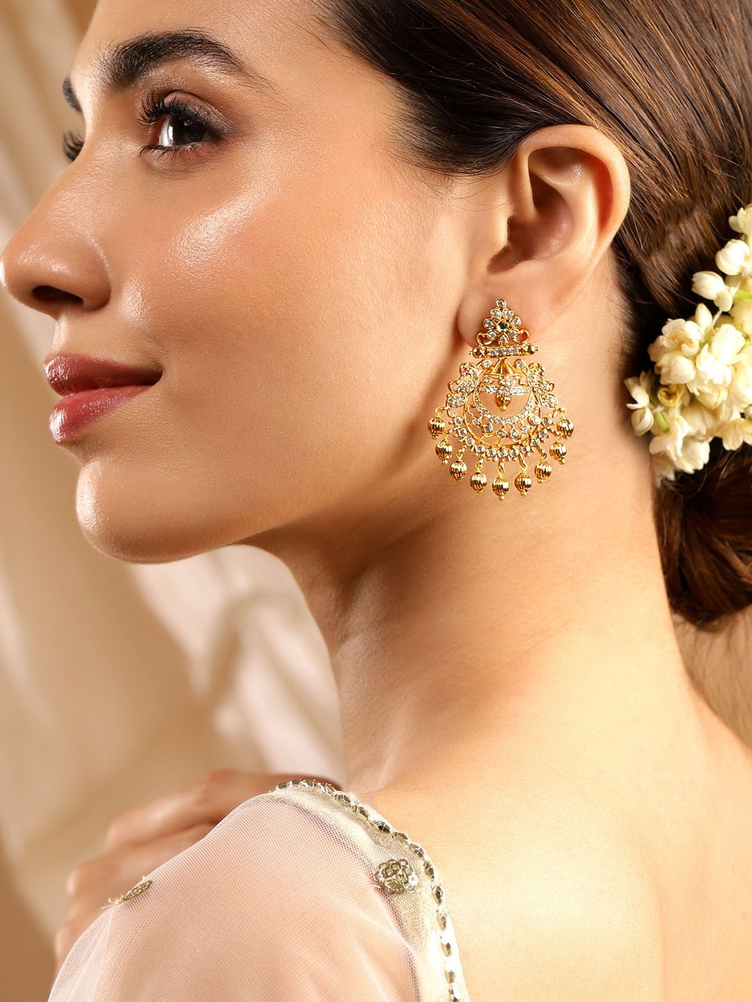 Dhiyona RJ Women's 22K Gold-Plated Emerald & Cubic Zirconia Studded Chandbali Earrings with Gold Beads