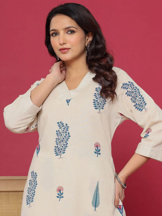 Dhiyona IE Paisley Printed Pure Cotton Notch Neck Straight Tunic And Palazzo