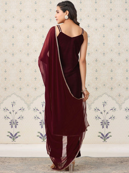Dhiyona OD  Velvet Straight Kurta & Trousers With Dupatta