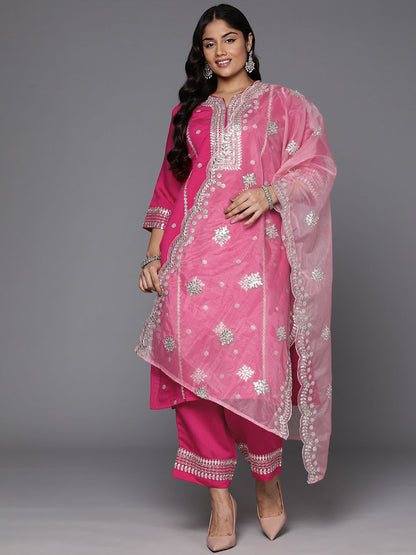Dhiyona Women's Plus Size Ethnic Motifs Embroidered Gotta Patti Kurta with Trousers & Dupatta