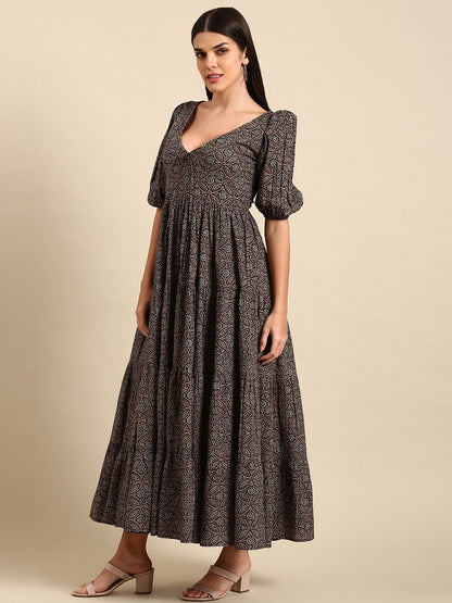 Dhiyona AY Women's Black & Brown Floral Tie-Up Neck Ethnic Cotton Maxi Ethnic Dress