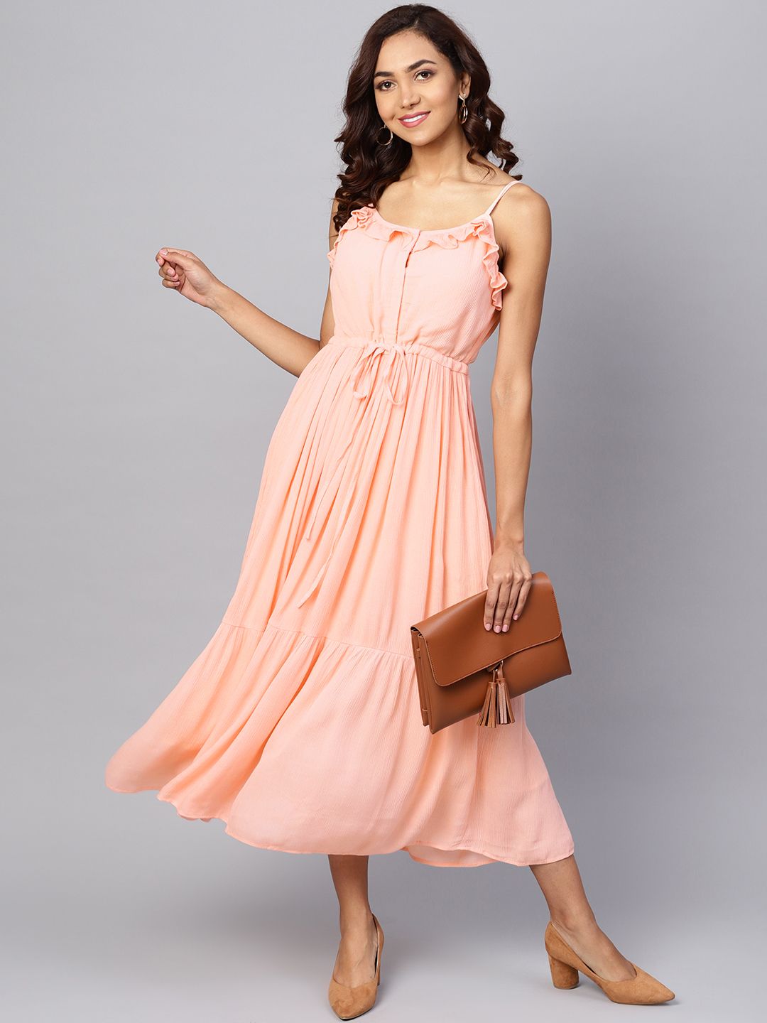 Dhiyona AY Women's Peach-Coloured Solid Empire Dress