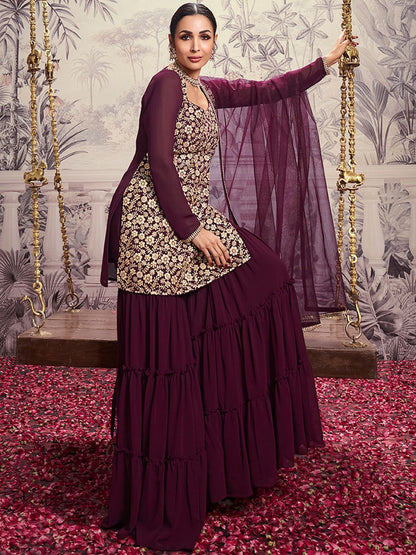Dhiyona IN Floral Embroidered Square Neck Long Sleeve Sequinned Kurta Set With Dupatta