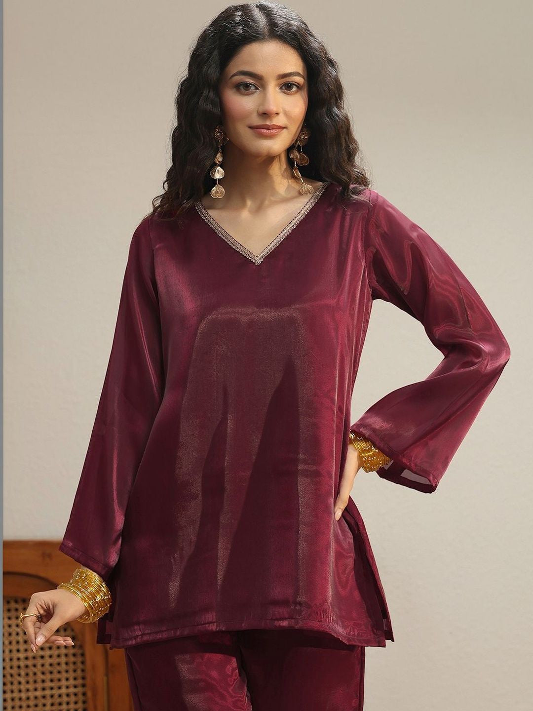 Libas Maroon Solid Tissue Palazzo Suit Set