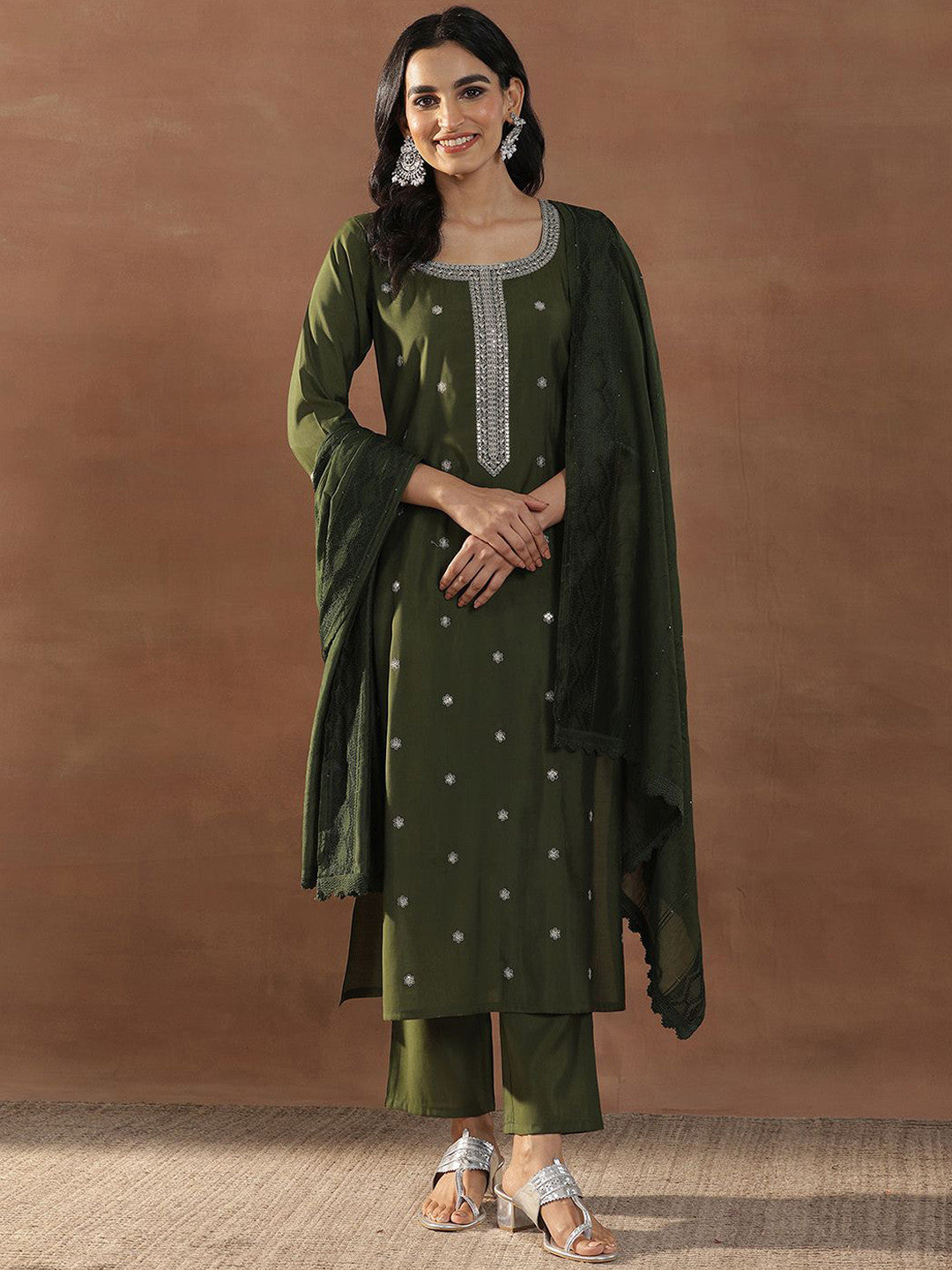 Olive Green Floral Embroidered Sequinned Straight Kurta With Trousers & Dupatta