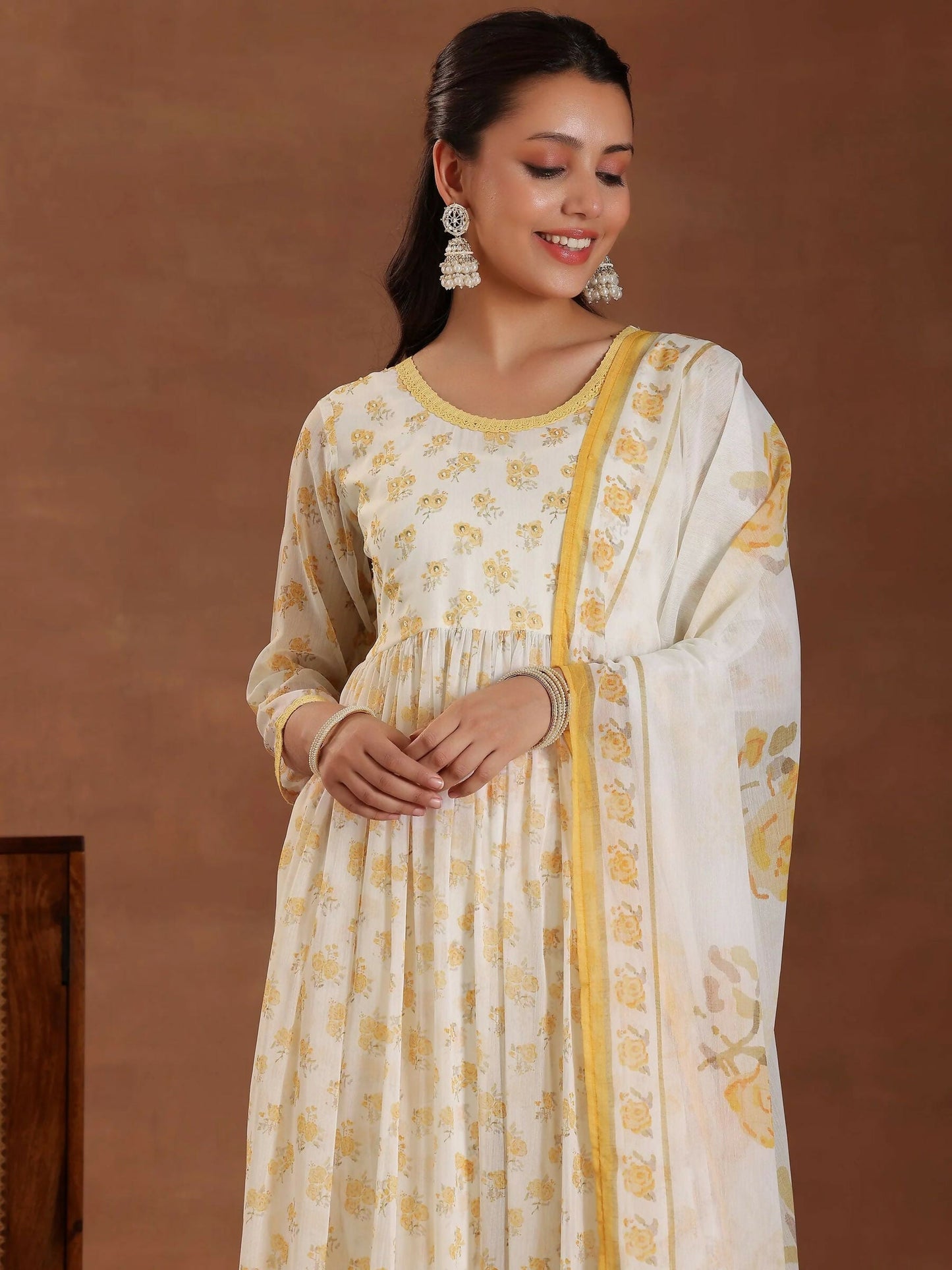 Women's LB Off white Printed Poly Chiffon A-Line Kurta With Sharara & Dupatta