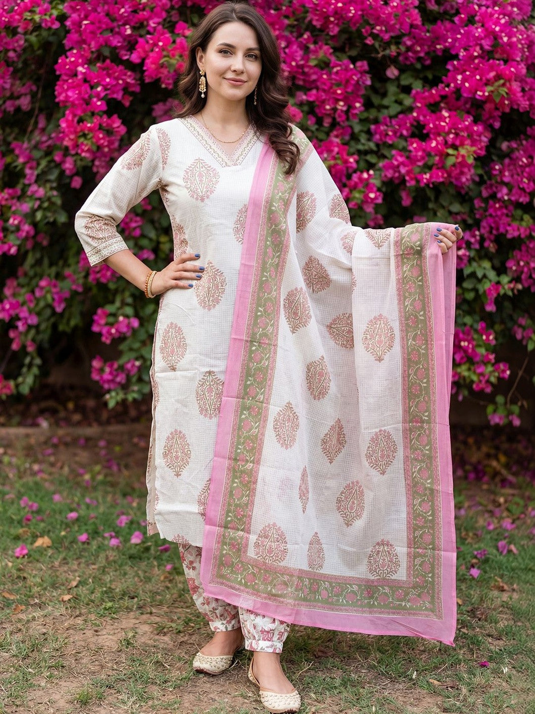 Women Floral Printed Regular Beads and Stones Pure Cotton Kurta with Salwar & With Dupatta